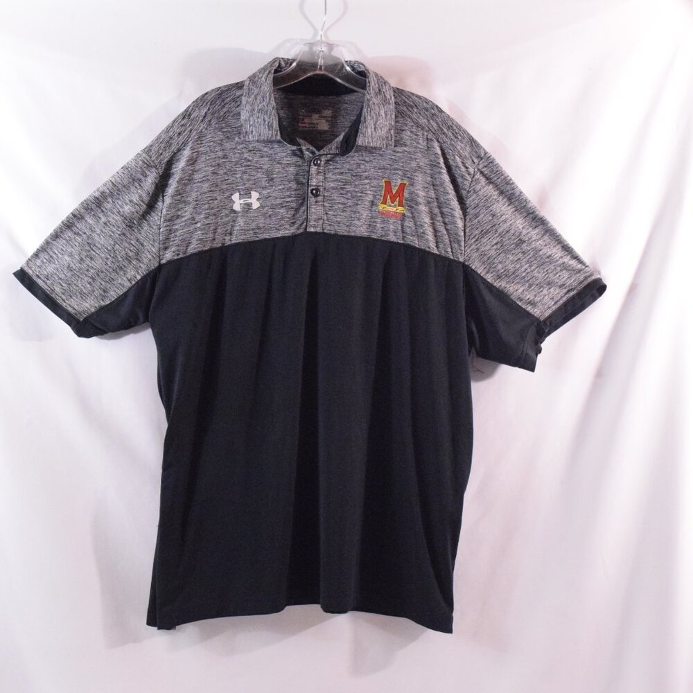 Maryland Terrapins Shirt Mens L Black Gray Striped NCAA Golf Under Armour Polo